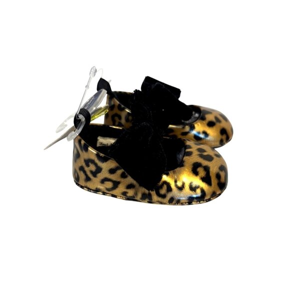 First Steps Gold Leopard Baby Girl Mary Jane Shoes Black Velvet Bows (0-3mo) - Picture 3 of 9